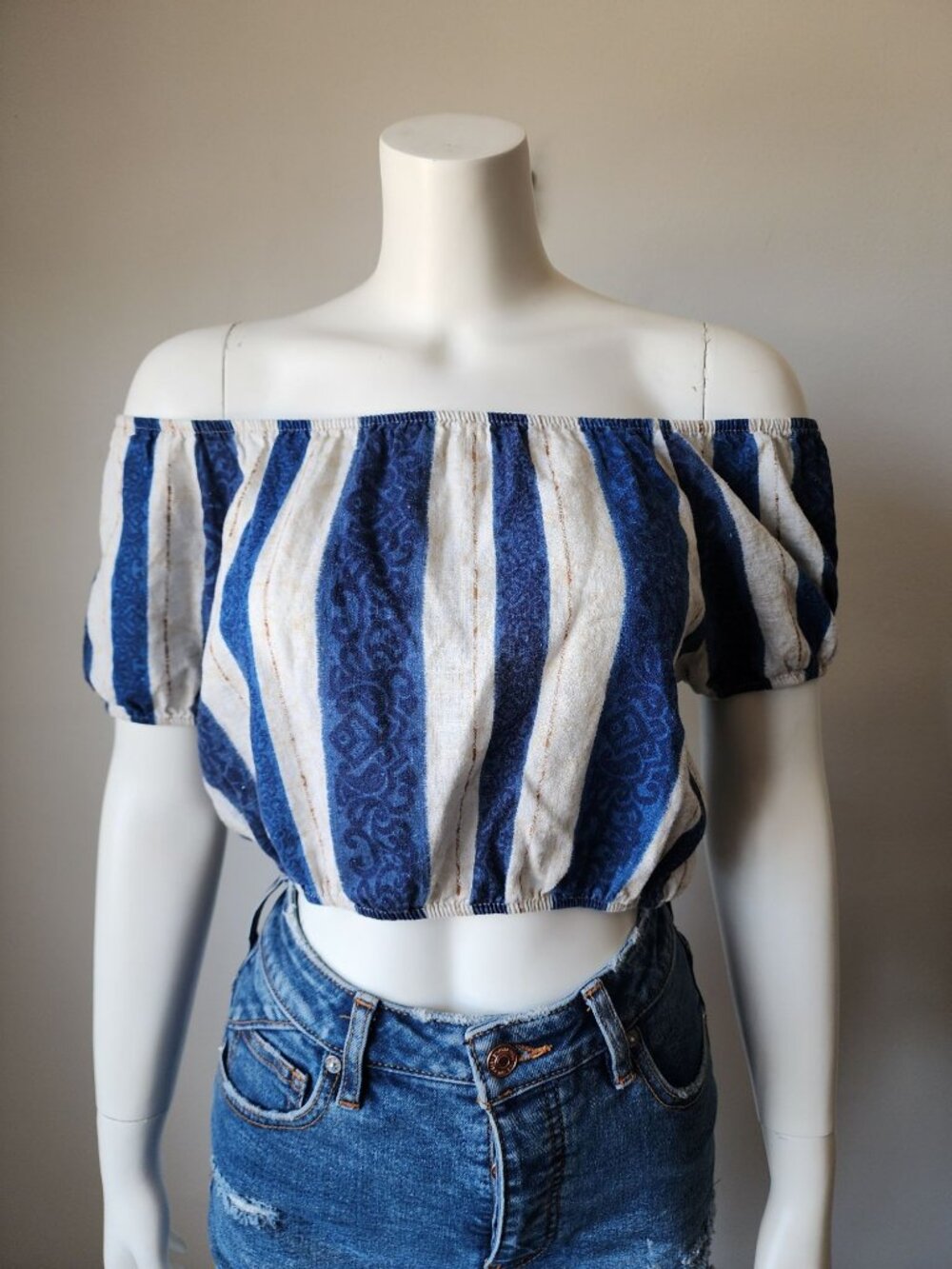 Bellambra blue white stripe linen off shoulder crop blouse M